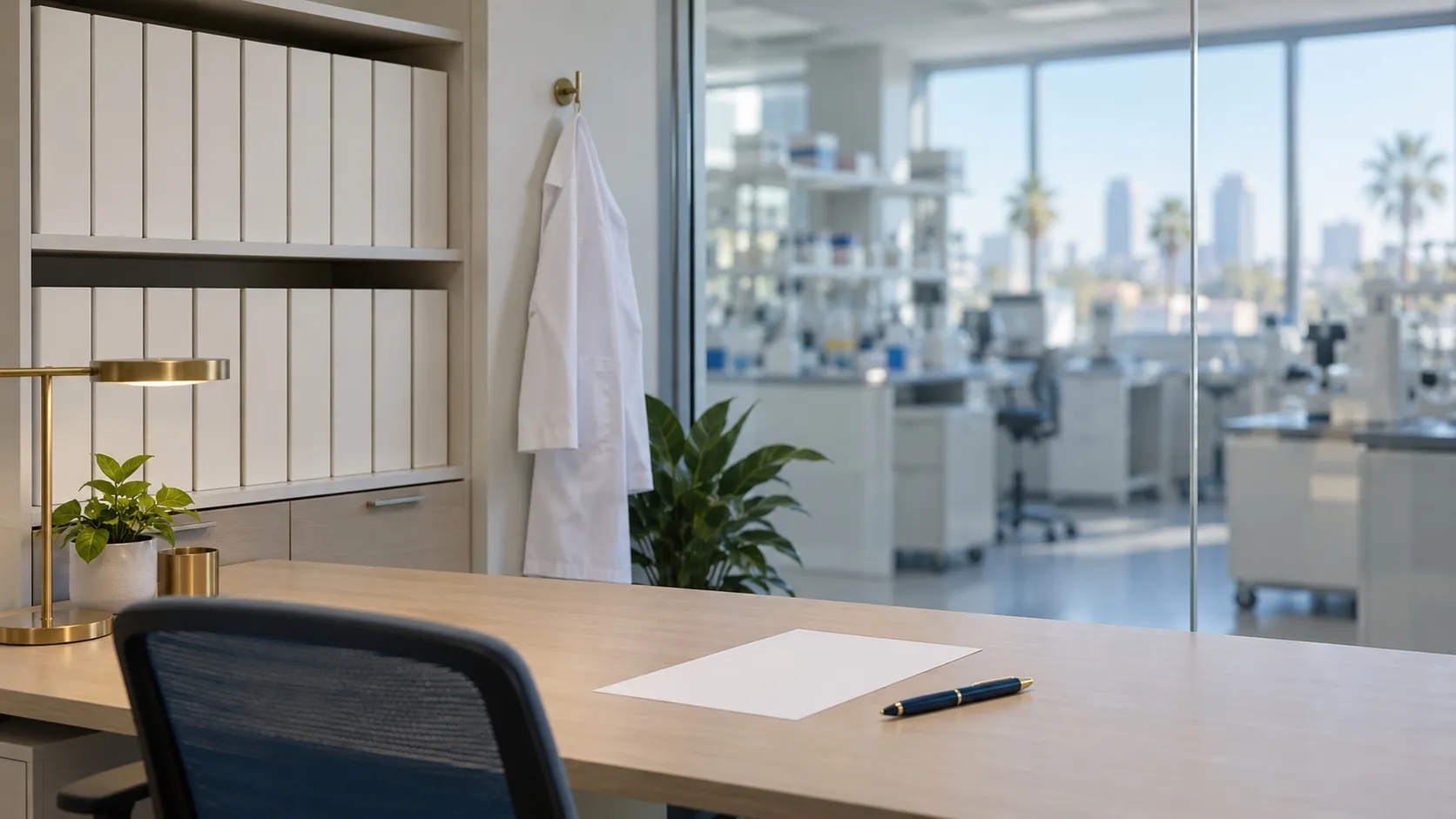 Quality-assurance office beside a San Diego biotech lab, with a shelf of blank cream binders, a white lab coat on a hook, a blank sheet and pen on the desk, and the lab out of focus through a glass partition