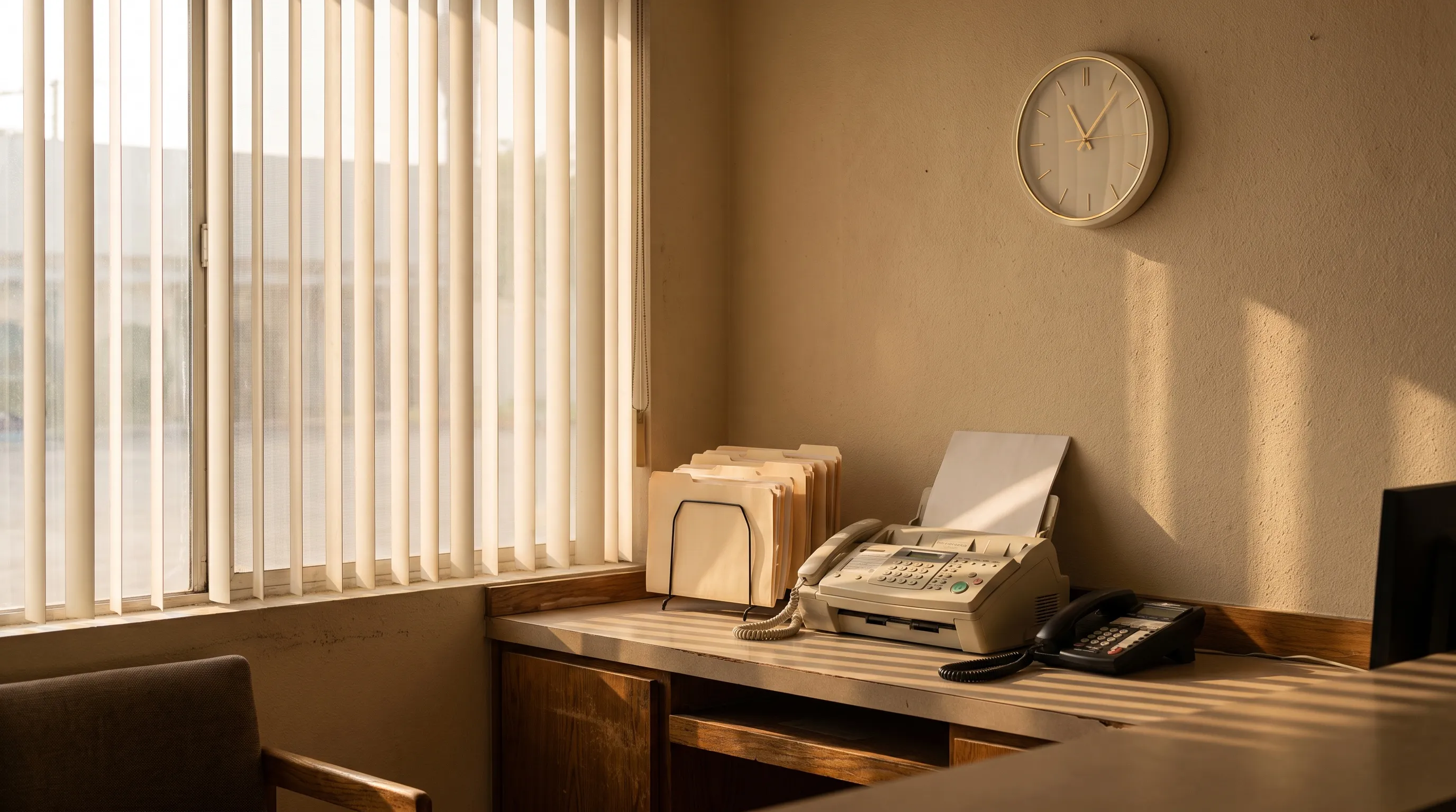 Front desk of a small community health clinic in Los Angeles at dawn, with a fax machine, blank folders and a landline handset in early light