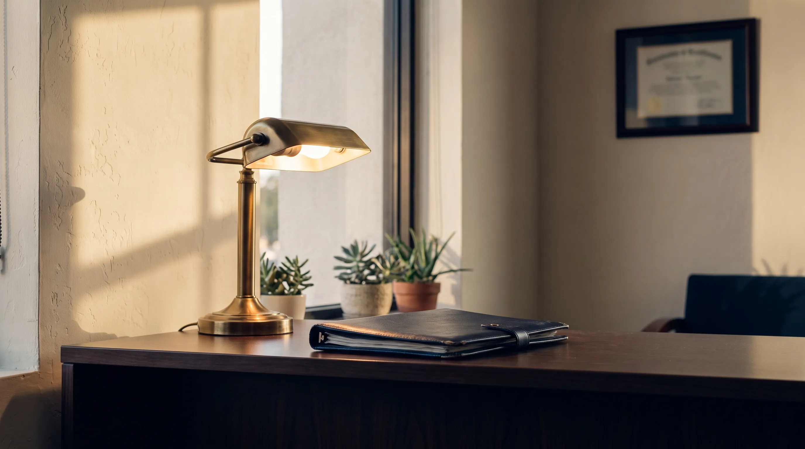 Member-service desk in a credit union branch after closing, with a brass lamp, a closed navy binder and late coastal light on a cream wall