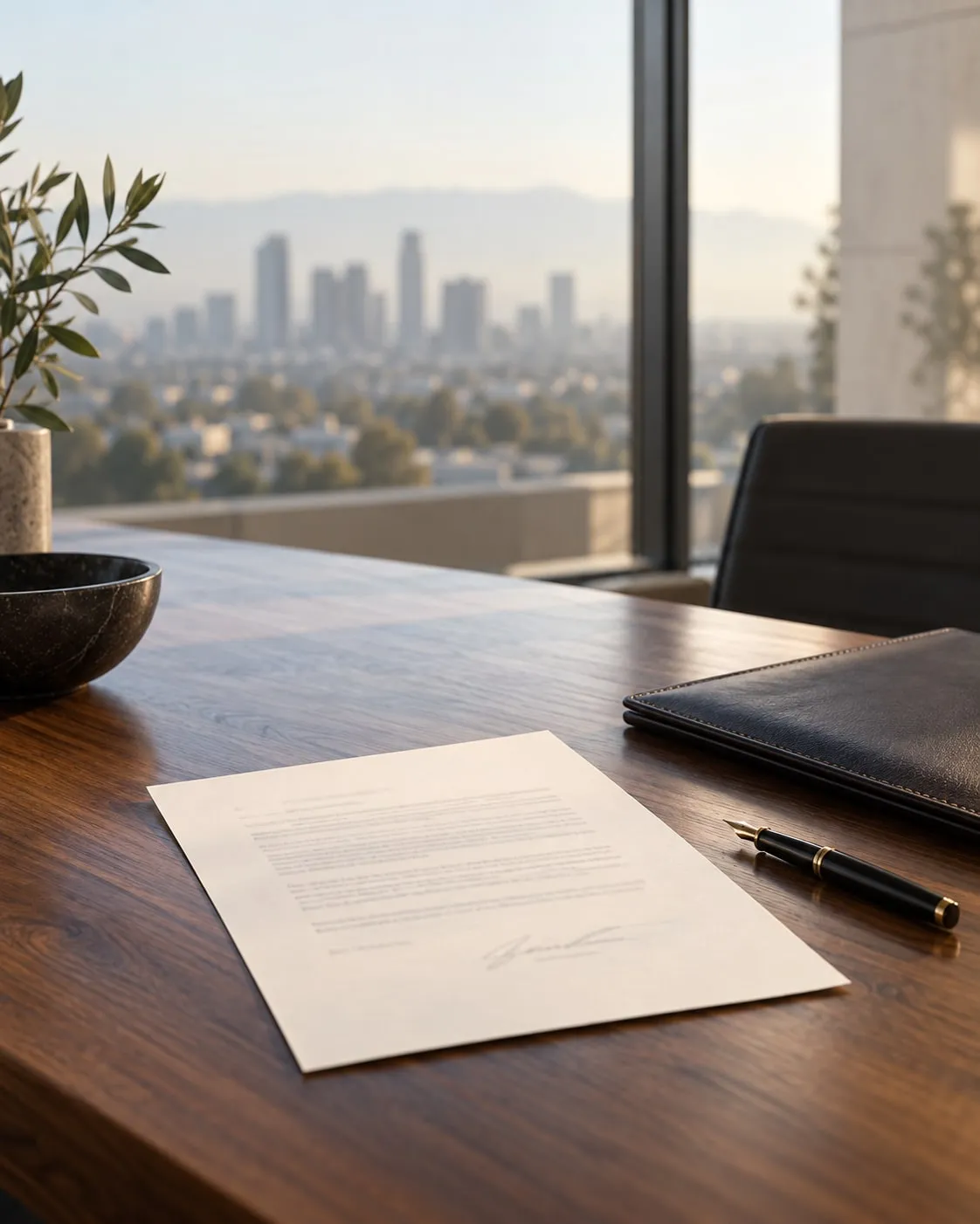 A signed one-page agreement and a fountain pen on a walnut conference table, with the Los Angeles skyline through the window