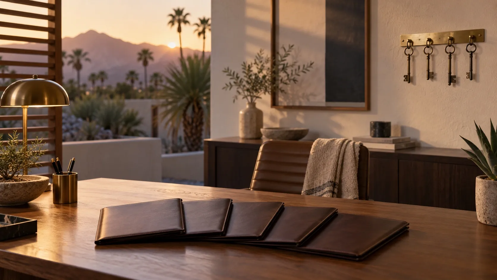 Back office of a Palm Springs boutique hotel at dusk, five closed leather folios fanned on a wooden desk, a brass key rack on the wall, and mountains in warm desert light through the window