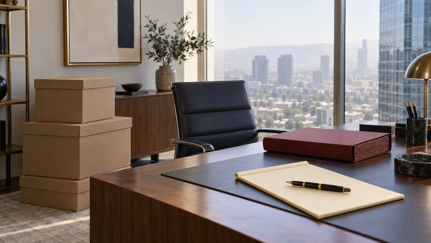 Law firm office in Century City with unlabeled document boxes stacked beside a walnut desk, a closed red folder, a legal pad and pen, and the Los Angeles skyline in haze through the window